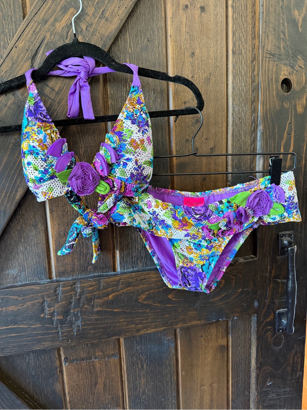Rare VTG Betsey Johnson Swim Floral 3D Rosette Bikini Set Purple Multicolor Y2K